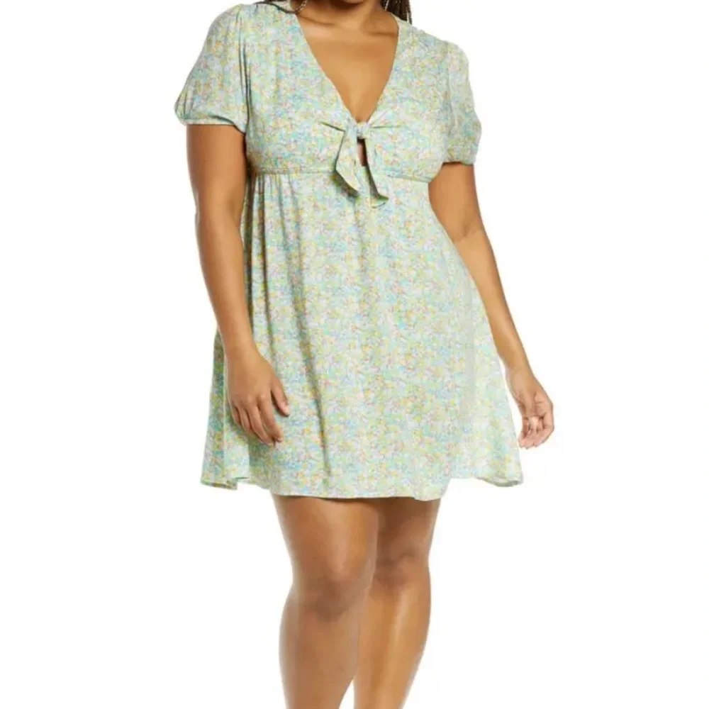 Bp. Womens Tie Front Mini Dress Green Multi‎ Maisey Ditsy Floral Plus Size 1X - Picture 1 of 12